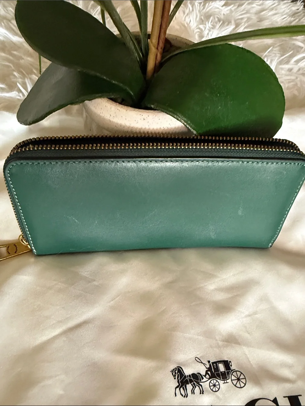 Coach Green Leather Zip Wallet with Gold Logo